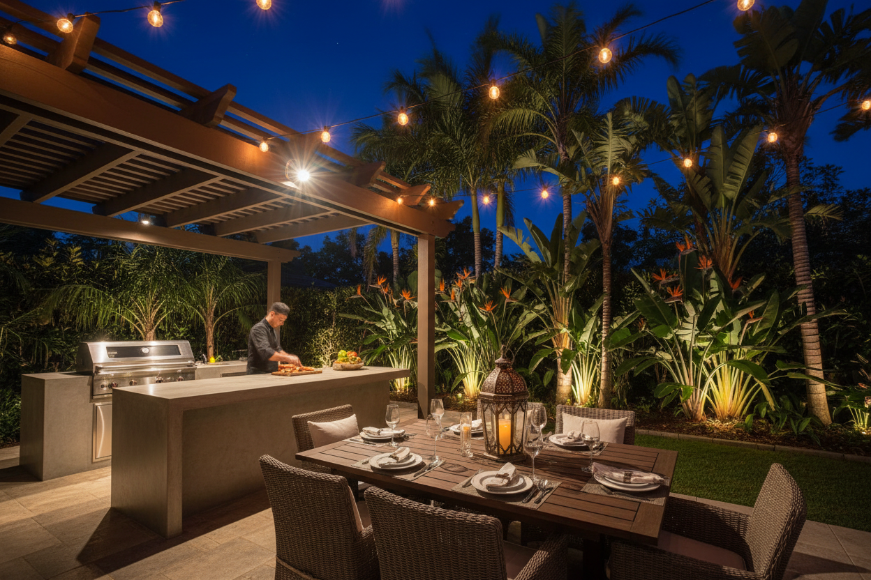 Outdoor kitchen and dining area with grill, table, chairs, and string lights at night.