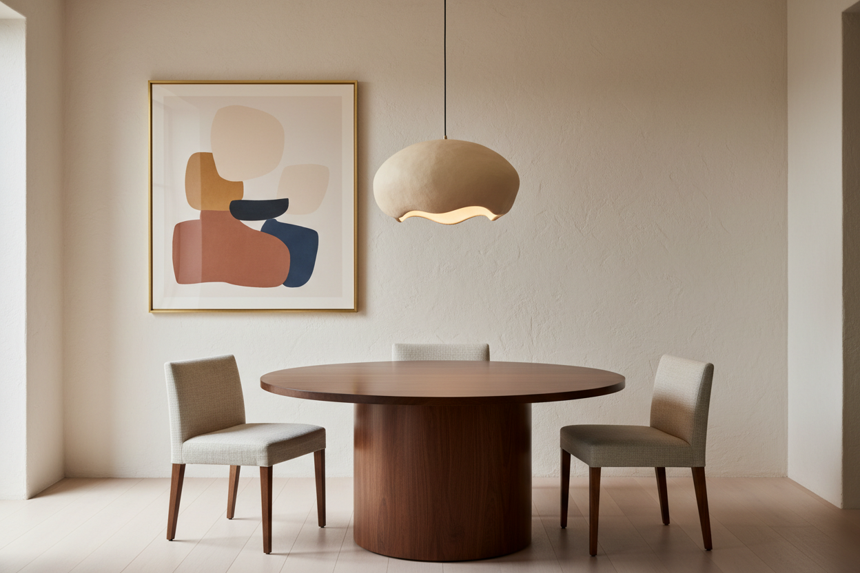 Dining room with a round wooden table and two chairs, abstract art on the wall, and a pendant light.