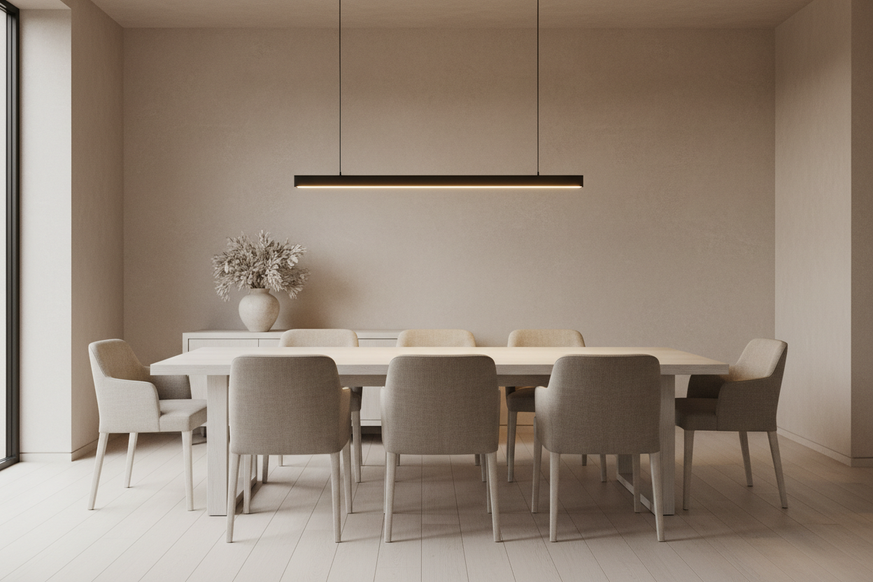 Modern dining room with a long table and chairs and linear pendant light overhead in a neutral colour scheme.