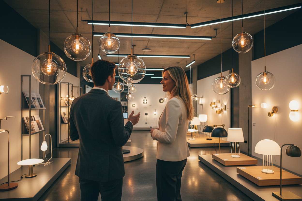 Two people in a modern interior design showroom with various light fixtures.