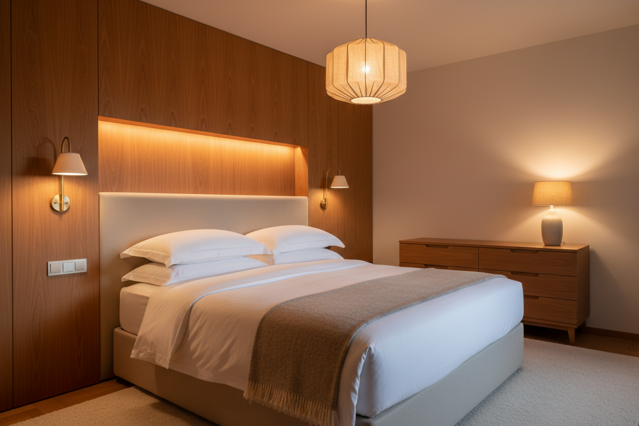 Modern bedroom with a bed, wooden headboard, and side tables.
