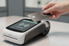 Hand holding a card above a contactless payment reader with 'APPROVED' on screen