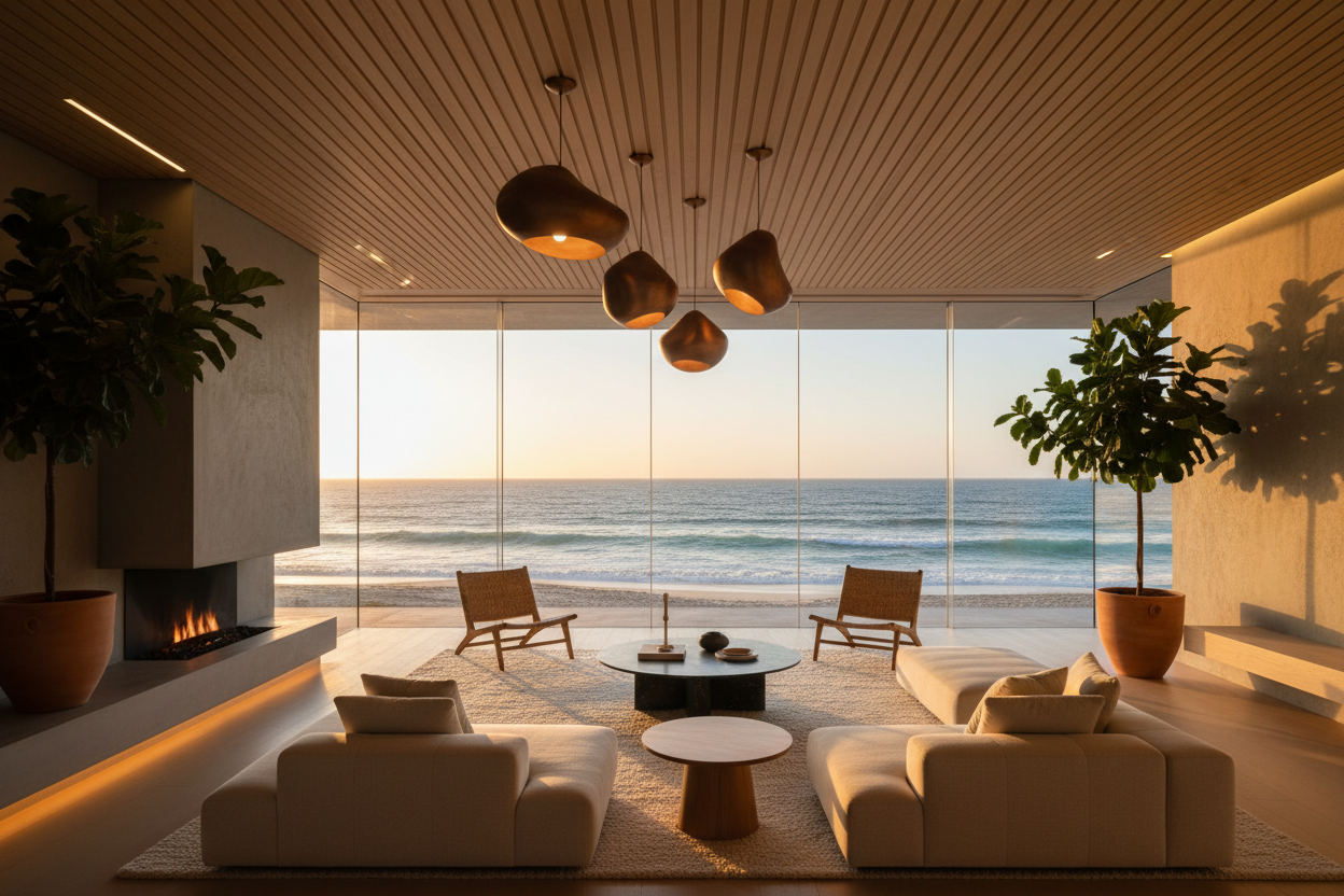 Modern living room with ocean view and decorative lighting elements
