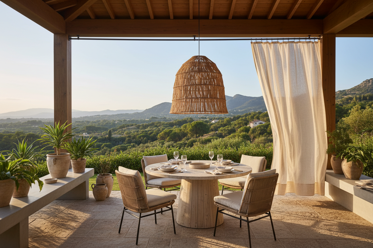 Outdoor patio with table, chairs, and scenic view of mountains