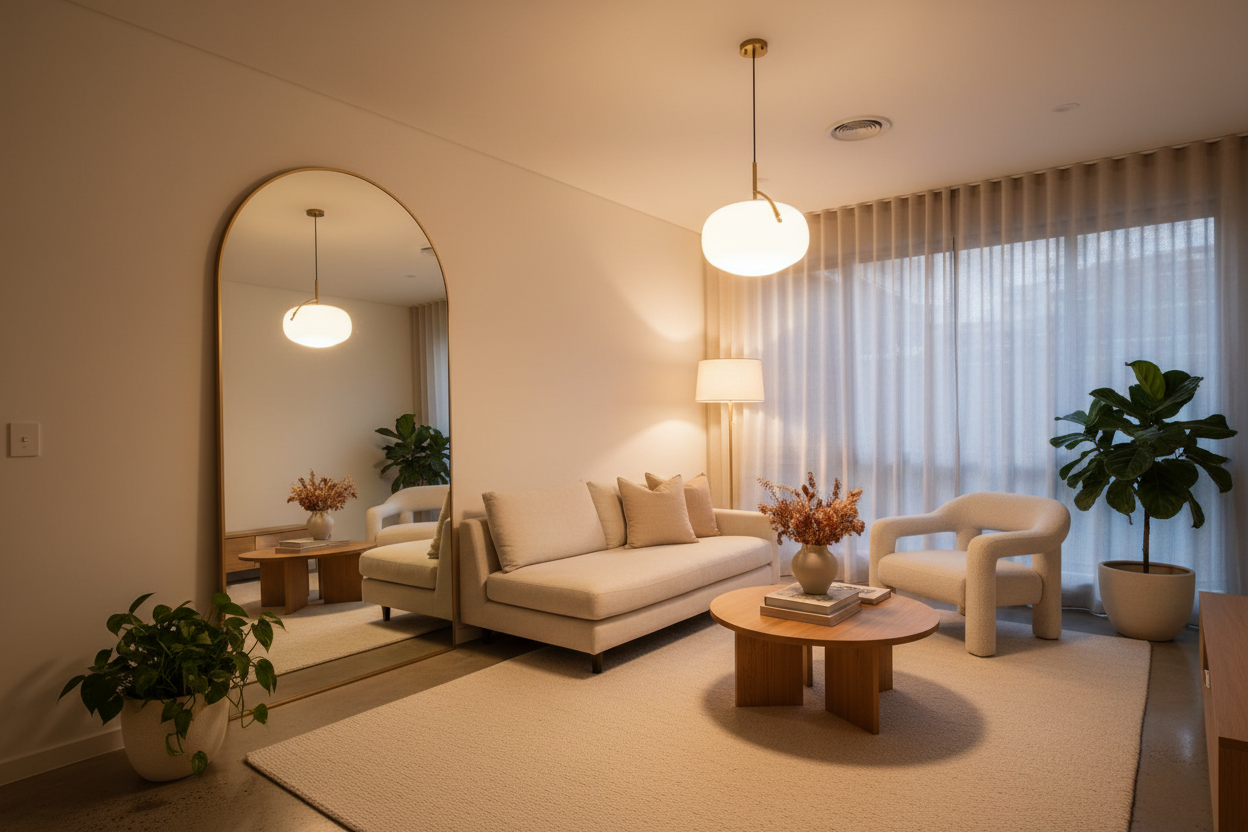 Modern living room with beige sofa, coffee table, and pendant light illuminating overhead.