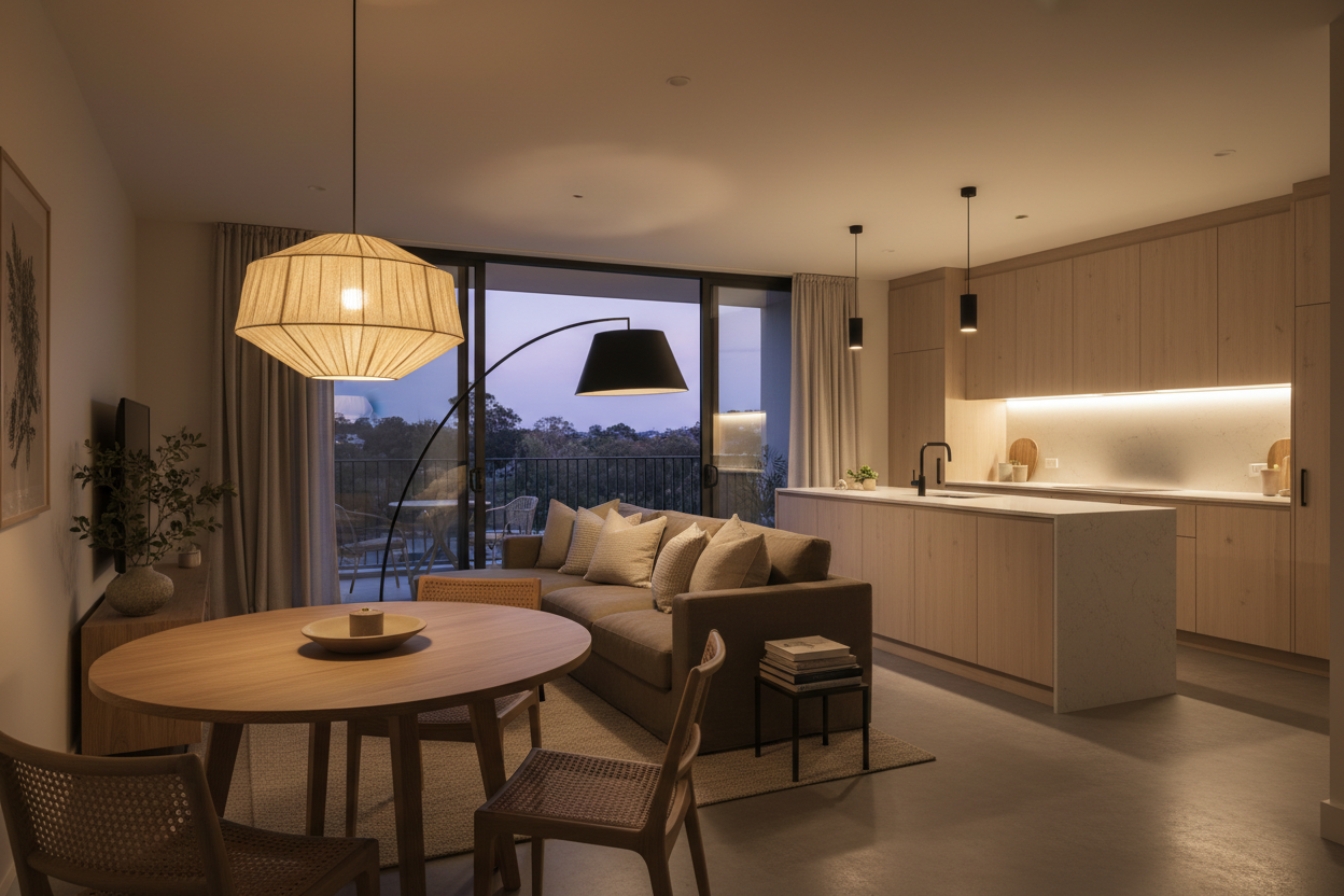 Modern living room with a kitchen in the background, featuring a round dining table and chairs.
